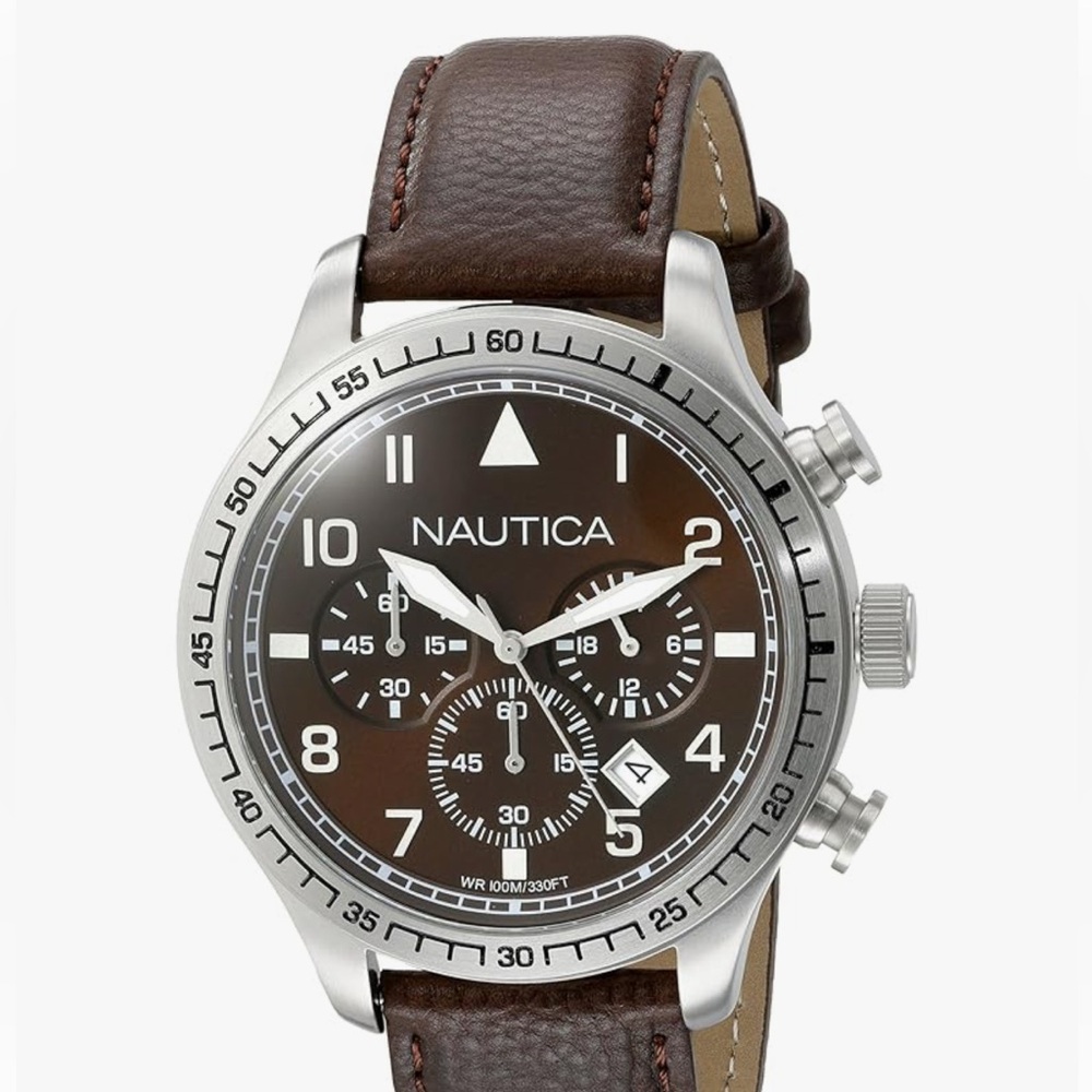 Nautical Men’s Chrono Analog Display Brown Leather Wristwatch